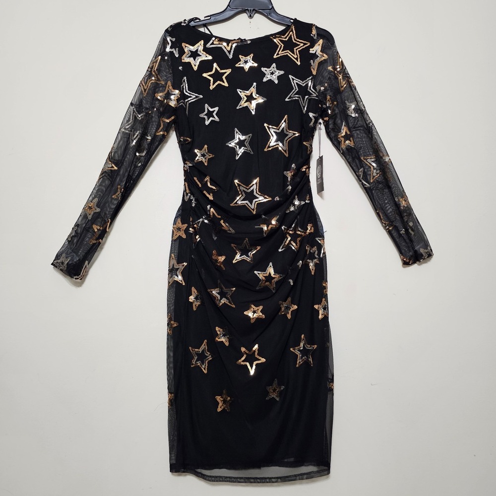 Vince Camuto Women's Dress 10/Medium Black‎ Long Sleeves Sequin Embroidery 1053